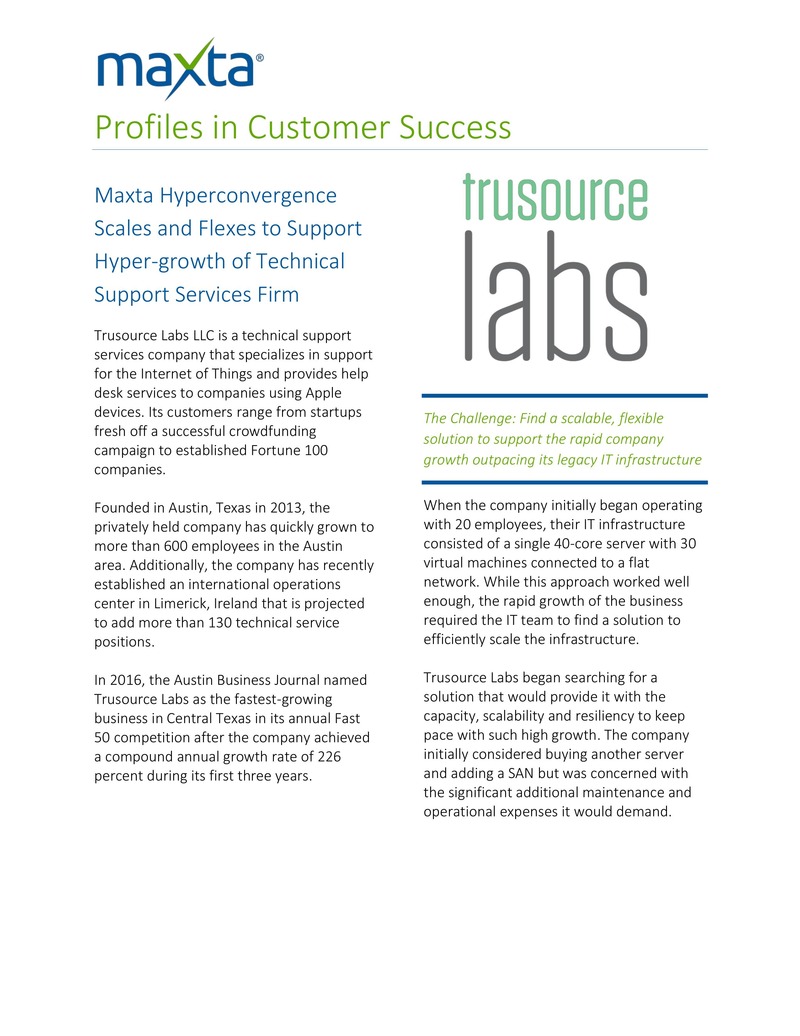 Trusource Labs Achieves Rapid Growth with Maxta Hyperconvergence Solution