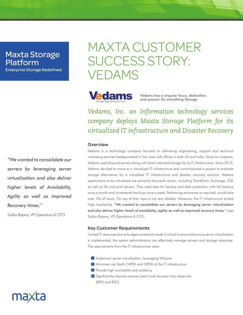 Vedams Transforms IT Infrastructure with Maxta Storage Platform for Virtualization and Disaster Recovery
