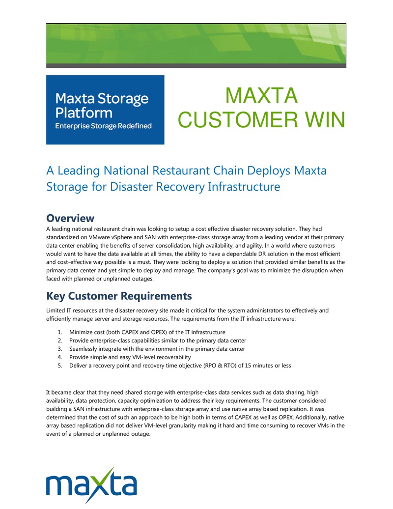 National Restaurant Chain Deploys Maxta Storage for Cost-Effective Disaster Recovery