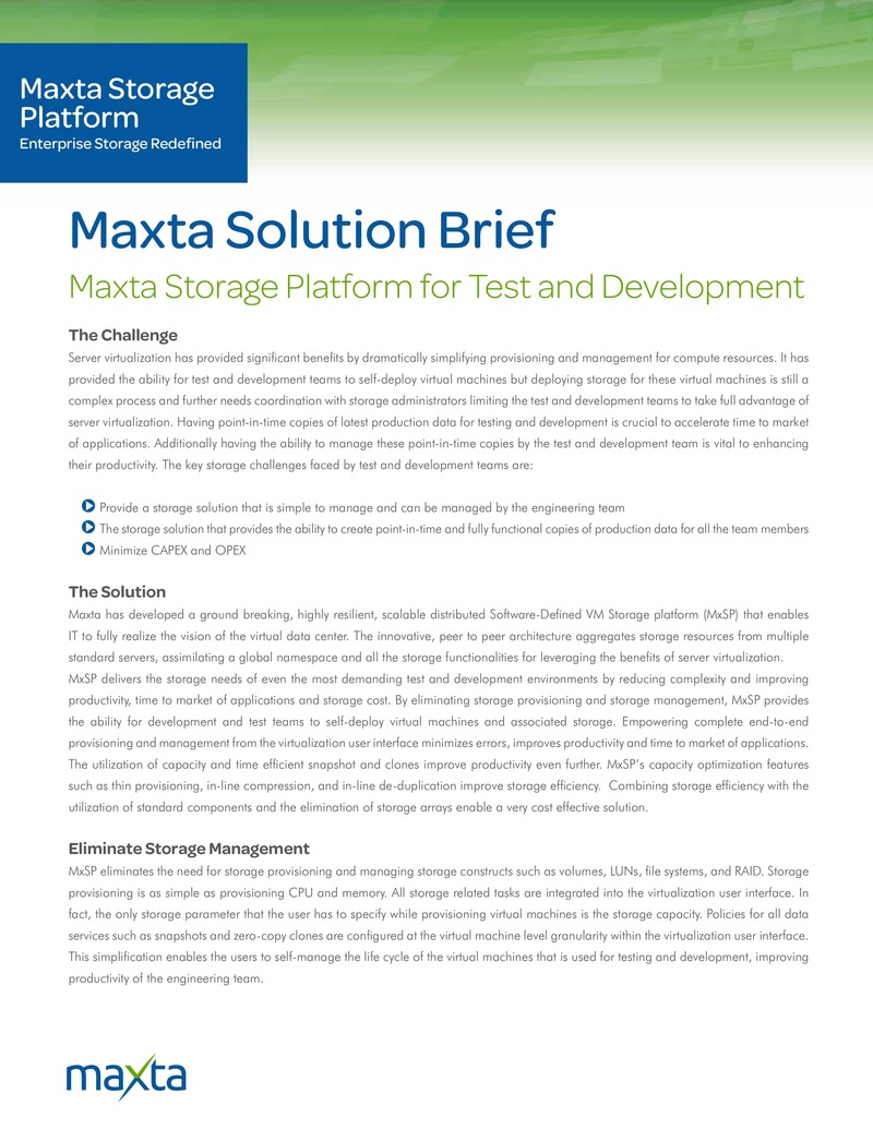 Maxta Storage Platform for Test and Development Environments
