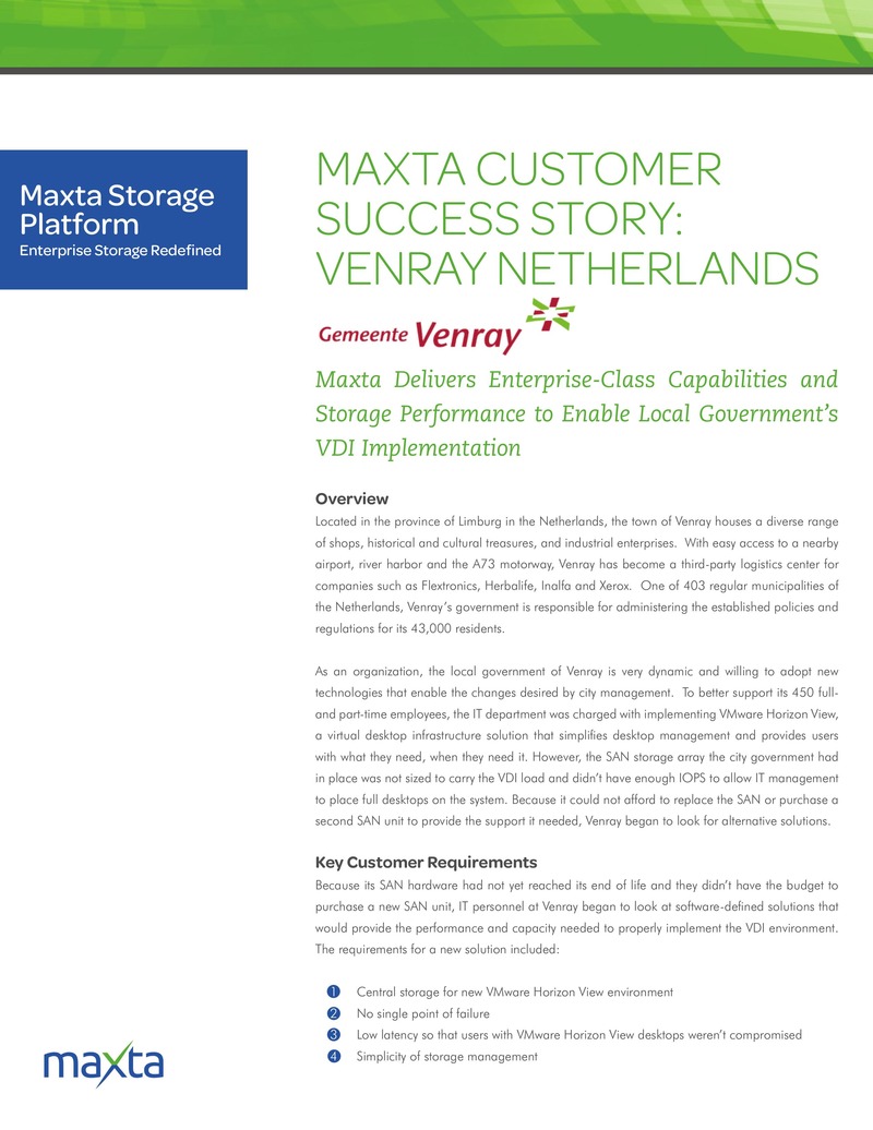 Venray Netherlands Implements VDI with Maxta Storage Platform
